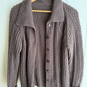 Classic Handmade Vintage Brown Cottagecore Cable Knit Collared Cardigan